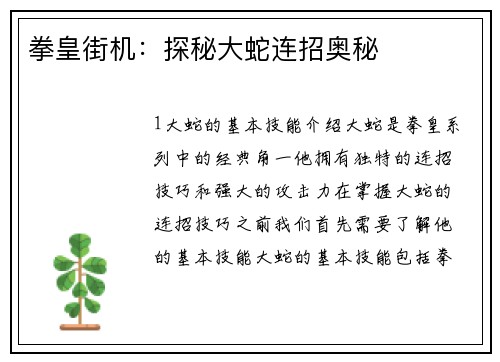 拳皇街机：探秘大蛇连招奥秘